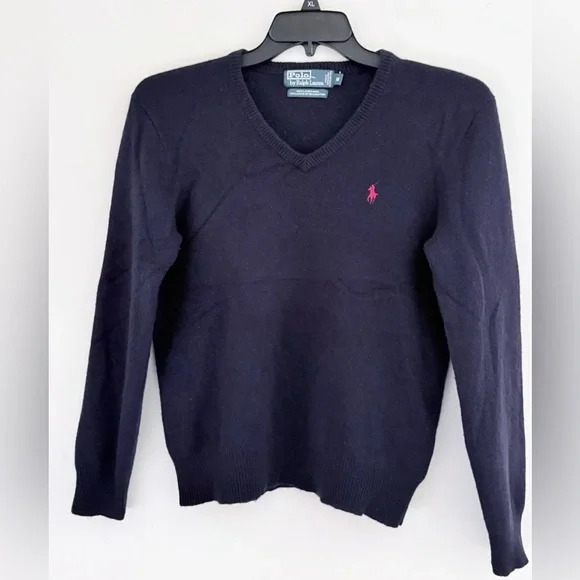 POLO - RALPH LAURENVintage Navy V-Neck Wool Sweater. Sz. M